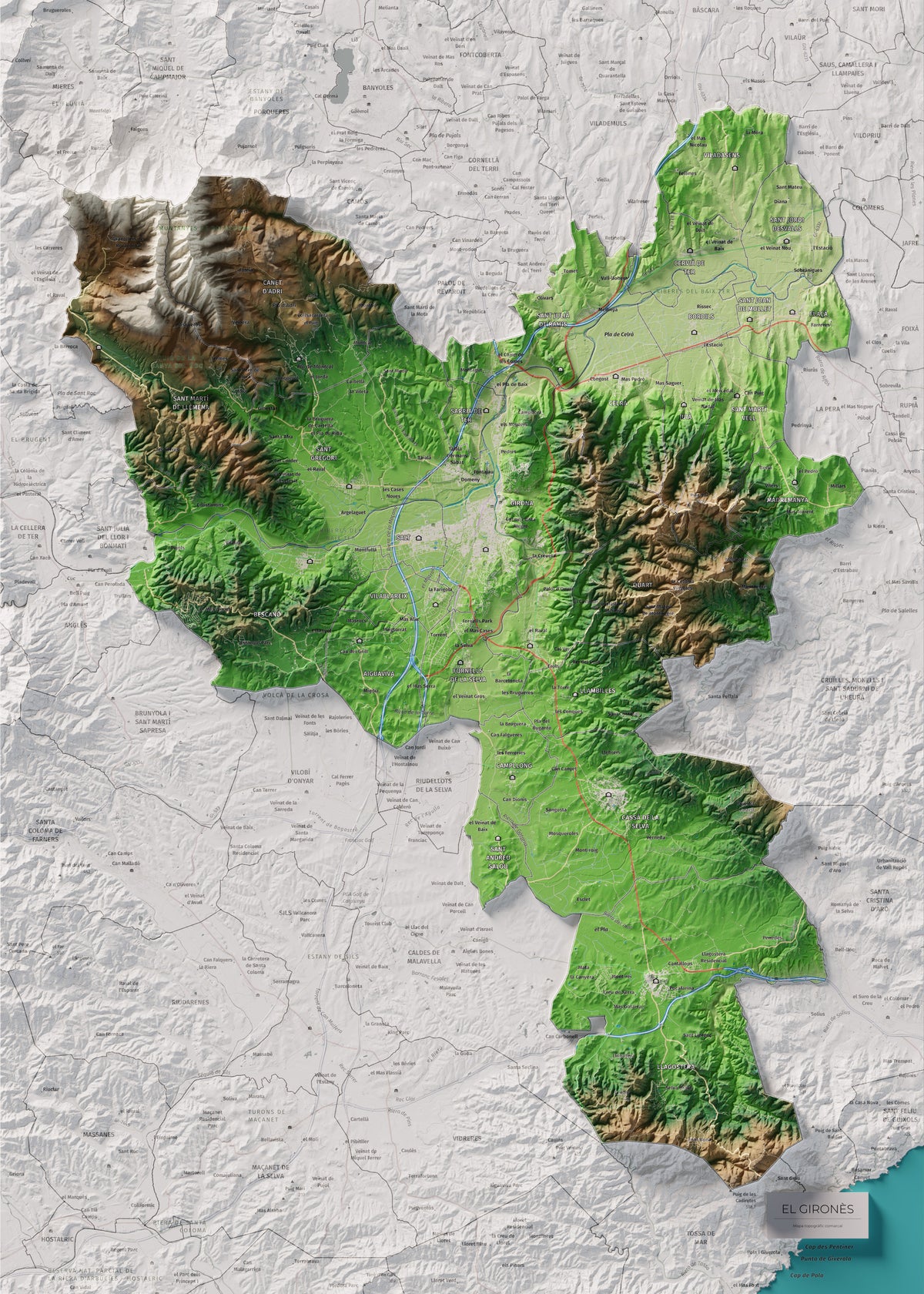 Mapa de relleu del Gironès, amb el territori en color i l’entorn en blanc. Vista completa de la làmina. 50 × 70 cm. Estil Clàssic.