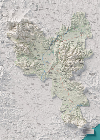 Mapa de relleu del Gironès, amb el territori en color i l’entorn en blanc. Vista completa de la làmina. 50 × 70 cm. Estil Cartogràfic.