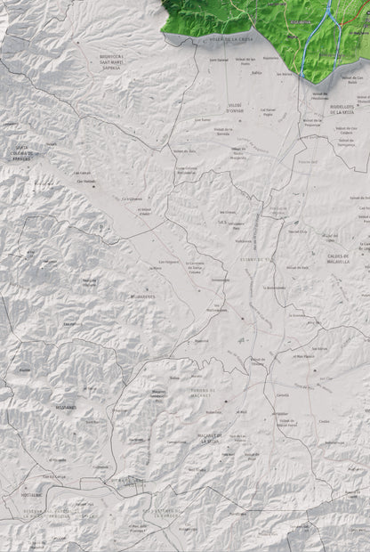 Mapa de relleu del Gironès, amb el territori en color i l’entorn en blanc. Detall de la part inferior esquerra. 61 × 91 cm. Estil Clàssic.