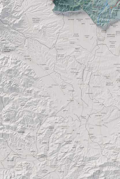 Mapa de relleu del Gironès, amb el territori en color i l’entorn en blanc. Detall de la part inferior esquerra. 61 × 91 cm. Estil Blau i taronja.