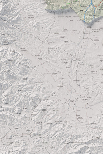 Mapa de relleu del Gironès, amb el territori en color i l’entorn en blanc. Detall de la part inferior esquerra. 61 × 91 cm. Estil Cartogràfic.