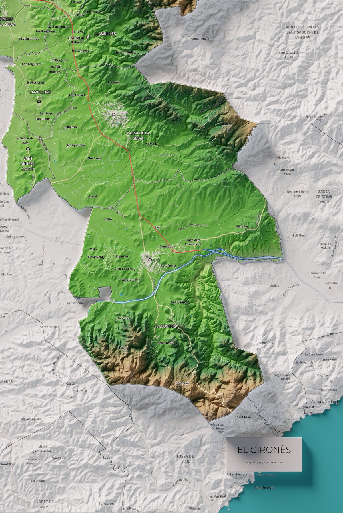 Mapa de relleu del Gironès, amb el territori en color i l’entorn en blanc. Detall de la part inferior dreta. 61 × 91 cm. Estil Clàssic.