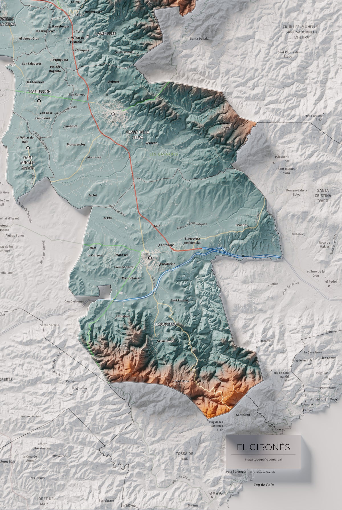 Mapa de relleu del Gironès, amb el territori en color i l’entorn en blanc. Detall de la part inferior dreta. 61 × 91 cm. Estil Blau i taronja.