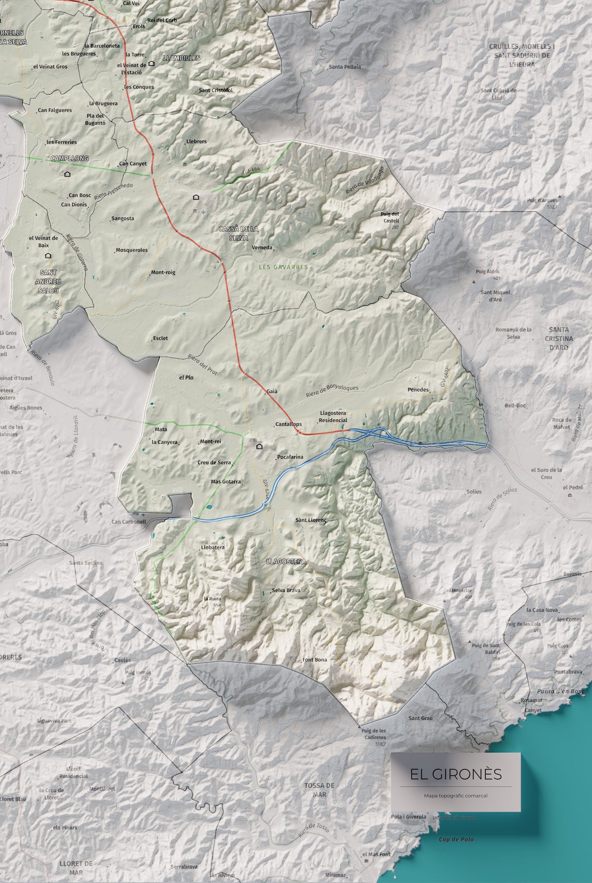 Mapa de relleu del Gironès, amb el territori en color i l’entorn en blanc. Detall de la part inferior dreta. 61 × 91 cm. Estil Cartogràfic.