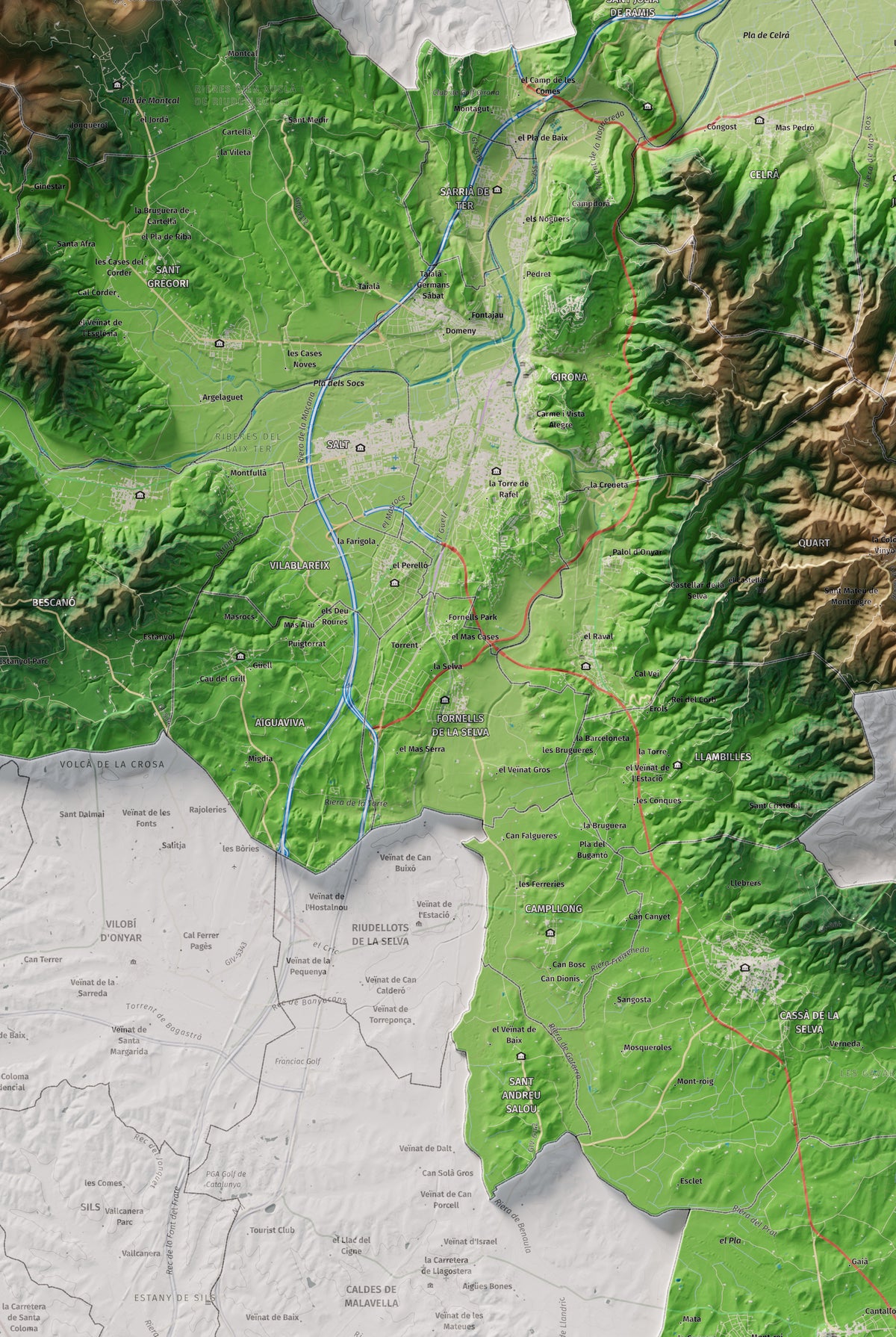 Mapa de relleu del Gironès, amb el territori en color i l’entorn en blanc. Detall de la part central. 61 × 91 cm. Estil Clàssic.