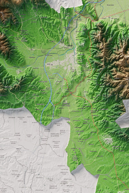 Mapa de relleu del Gironès, amb el territori en color i l’entorn en blanc. Detall de la part central. 61 × 91 cm. Estil Clàssic.