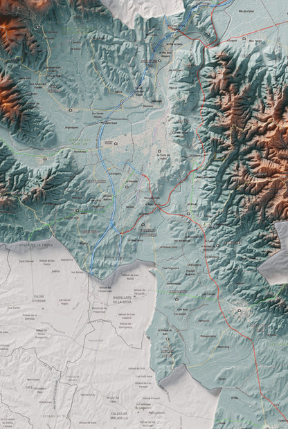 Mapa de relleu del Gironès, amb el territori en color i l’entorn en blanc. Detall de la part central. 61 × 91 cm. Estil Blau i taronja.