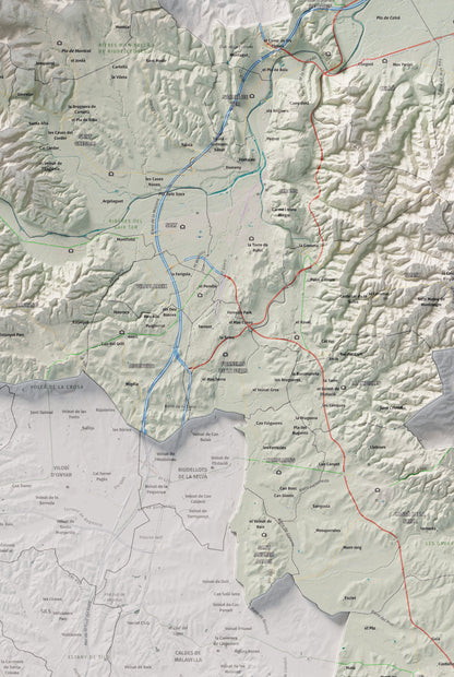 Mapa de relleu del Gironès, amb el territori en color i l’entorn en blanc. Detall de la part central. 61 × 91 cm. Estil Cartogràfic.