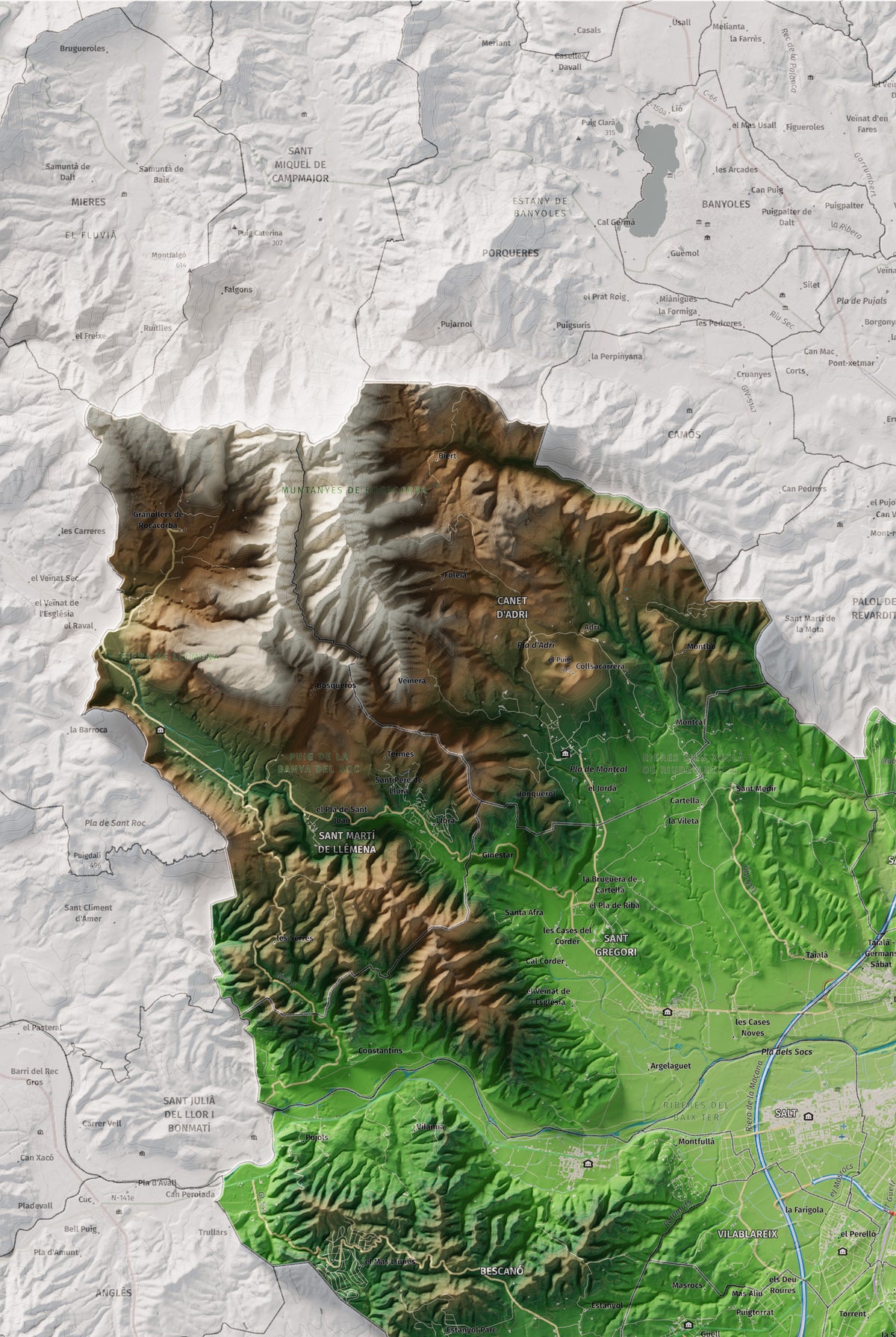 Mapa de relleu del Gironès, amb el territori en color i l’entorn en blanc. Detall de la part superior esquerra. 61 × 91 cm. Estil Clàssic.
