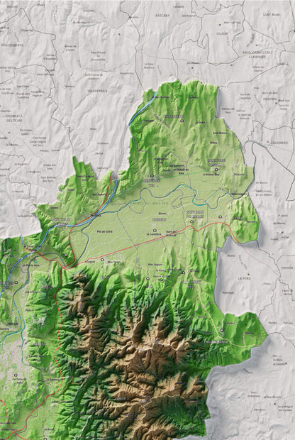 Mapa de relleu del Gironès, amb el territori en color i l’entorn en blanc. Detall de la part superior dreta. 61 × 91 cm. Estil Clàssic.