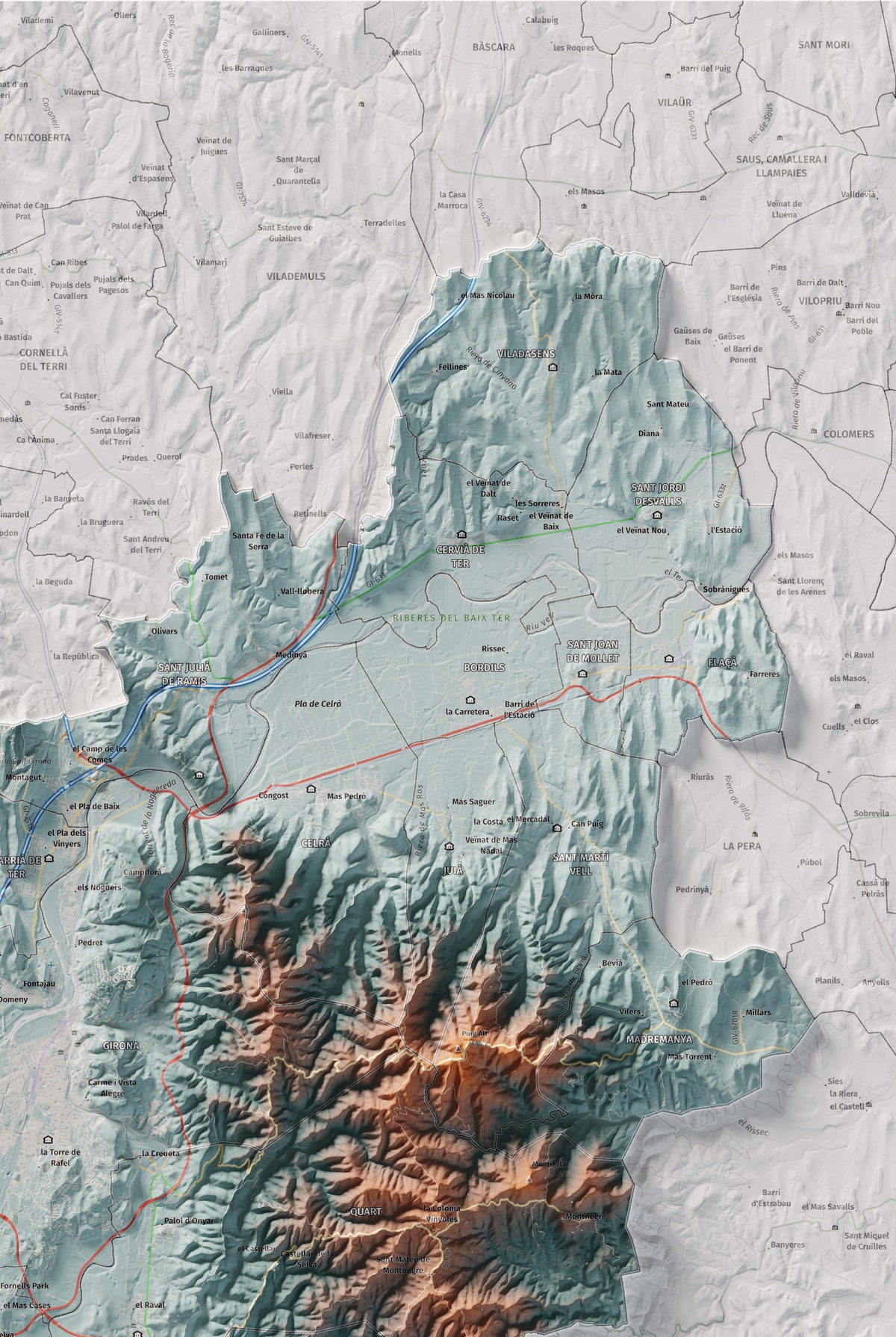 Mapa de relleu del Gironès, amb el territori en color i l’entorn en blanc. Detall de la part superior dreta. 61 × 91 cm. Estil Blau i taronja.