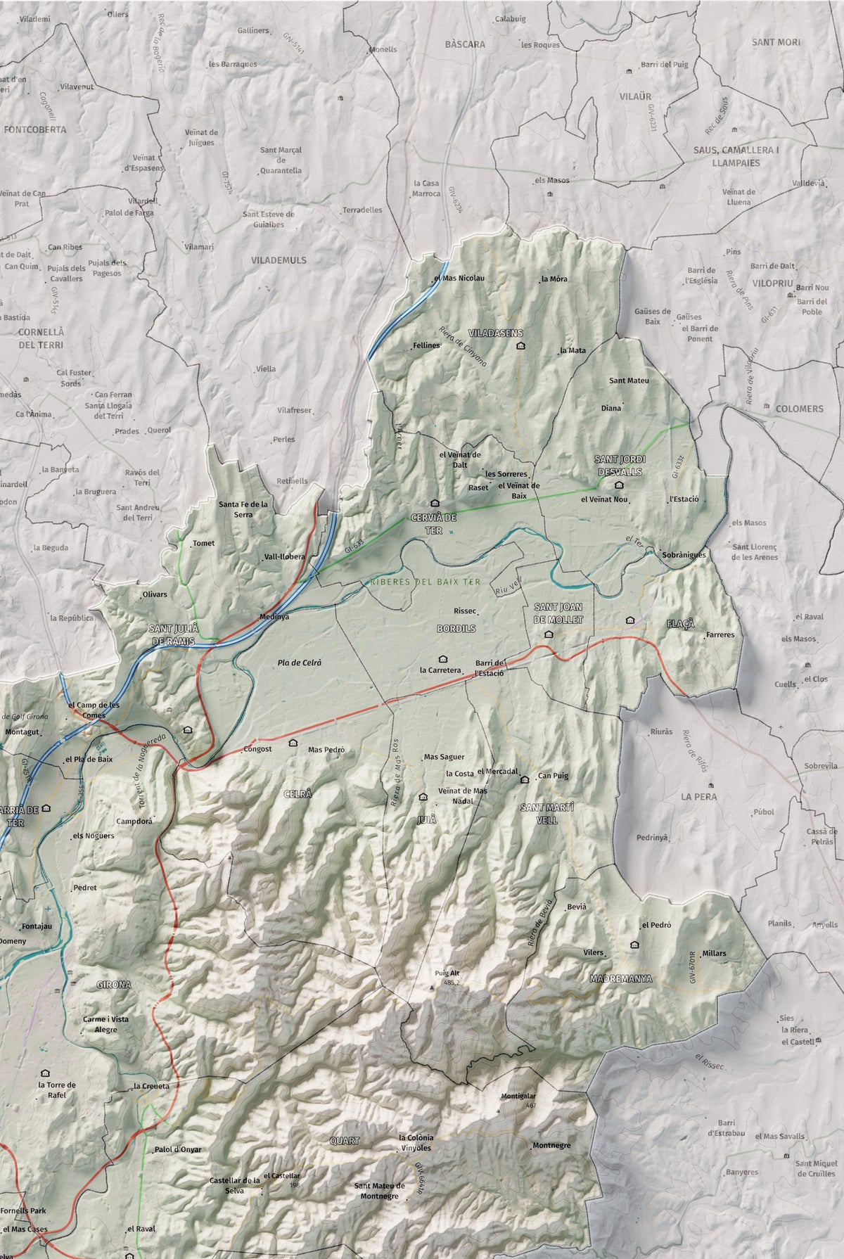Mapa de relleu del Gironès, amb el territori en color i l’entorn en blanc. Detall de la part superior dreta. 61 × 91 cm. Estil Cartogràfic.