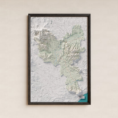 Mapa de relleu del Gironès, amb el territori en color i l’entorn en blanc. Presentació amb marc. 61 × 91 cm. Estil Cartogràfic.