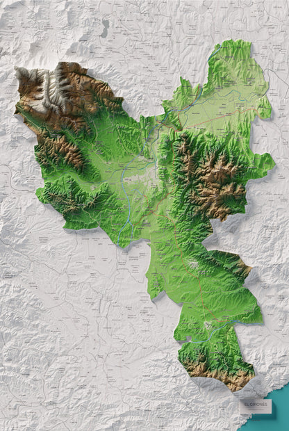 Mapa de relleu del Gironès, amb el territori en color i l’entorn en blanc. Vista completa de la làmina. 61 × 91 cm. Estil Clàssic.