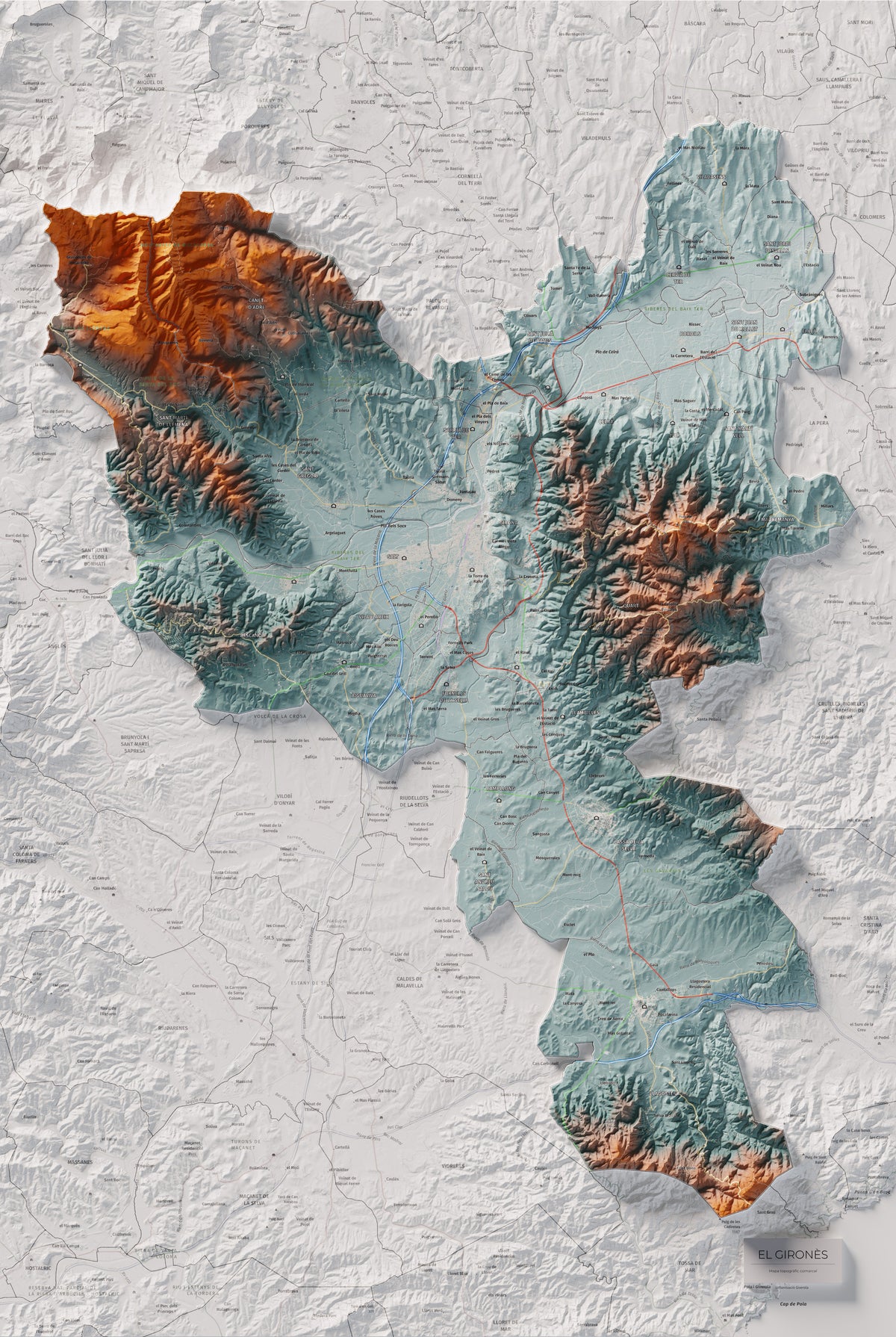 Mapa de relleu del Gironès, amb el territori en color i l’entorn en blanc. Vista completa de la làmina. 61 × 91 cm. Estil Blau i taronja.