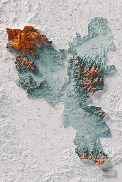 Mapa de relleu del Gironès, amb el territori en color i l’entorn en blanc. Vista completa de la làmina. 61 × 91 cm. Estil Blau i taronja.