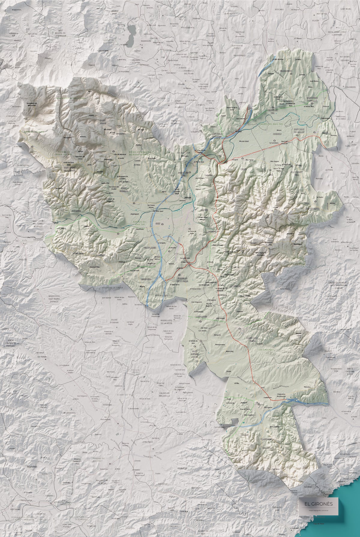 Mapa de relleu del Gironès, amb el territori en color i l’entorn en blanc. Vista completa de la làmina. 61 × 91 cm. Estil Cartogràfic.