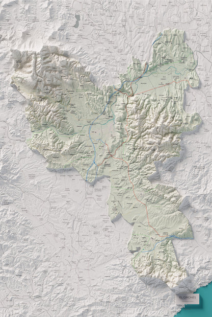 Mapa de relleu del Gironès, amb el territori en color i l’entorn en blanc. Vista completa de la làmina. 61 × 91 cm. Estil Cartogràfic.