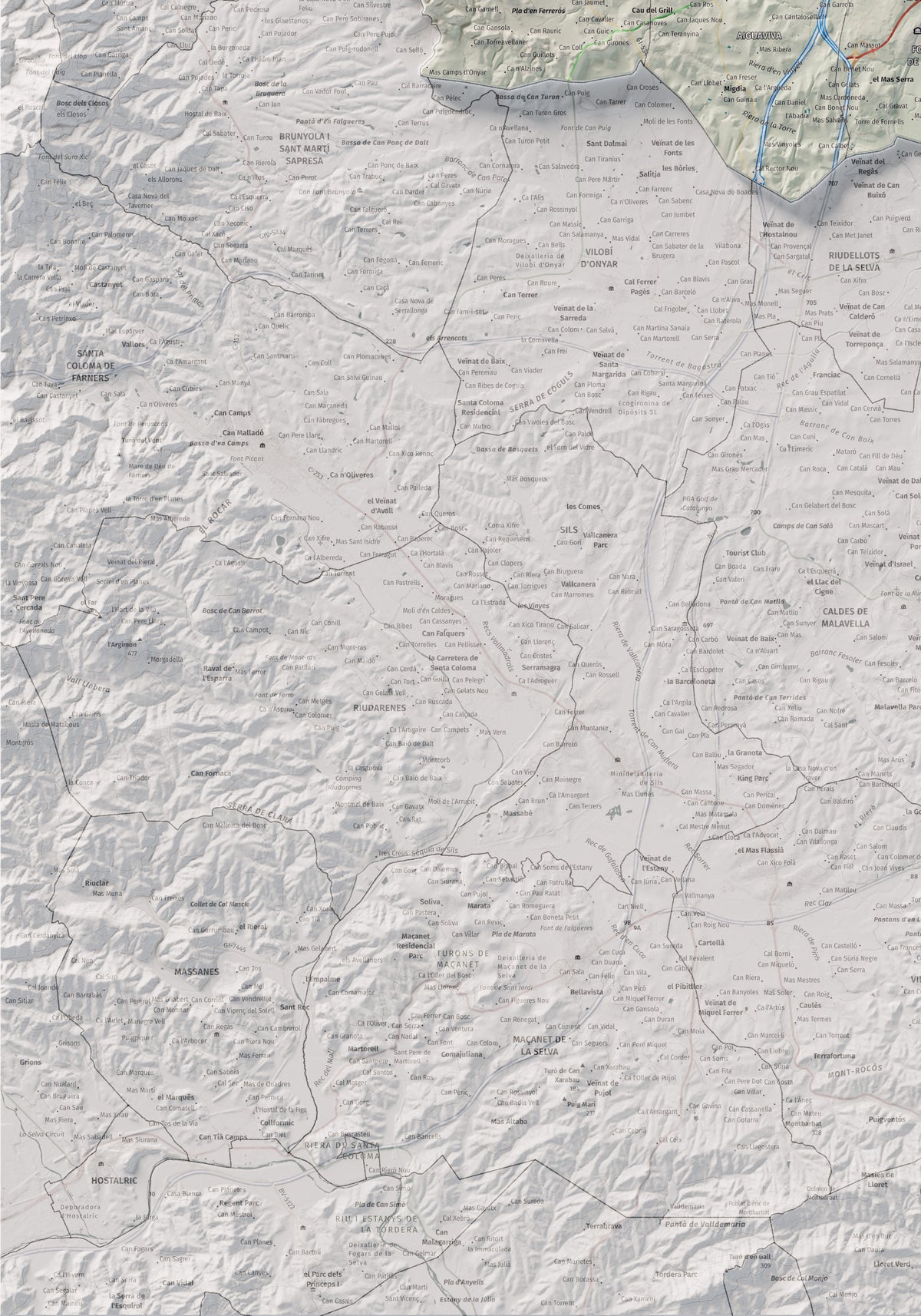 Mapa de relleu del Gironès, amb el territori en color i l’entorn en blanc. Detall de la part inferior esquerra. 70 × 100 cm. Estil Cartogràfic.