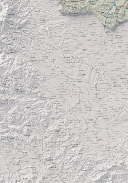 Mapa de relleu del Gironès, amb el territori en color i l’entorn en blanc. Detall de la part inferior esquerra. 70 × 100 cm. Estil Cartogràfic.