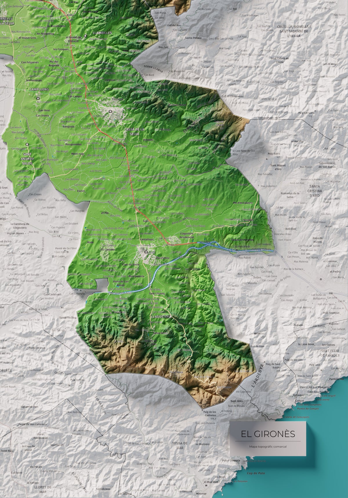 Mapa de relleu del Gironès, amb el territori en color i l’entorn en blanc. Detall de la part inferior dreta. 70 × 100 cm. Estil Clàssic.
