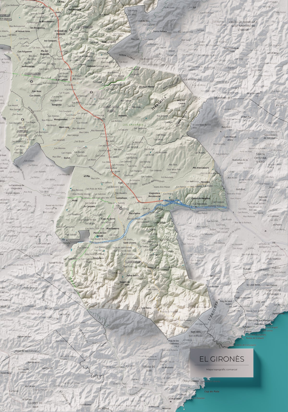 Mapa de relleu del Gironès, amb el territori en color i l’entorn en blanc. Detall de la part inferior dreta. 70 × 100 cm. Estil Cartogràfic.