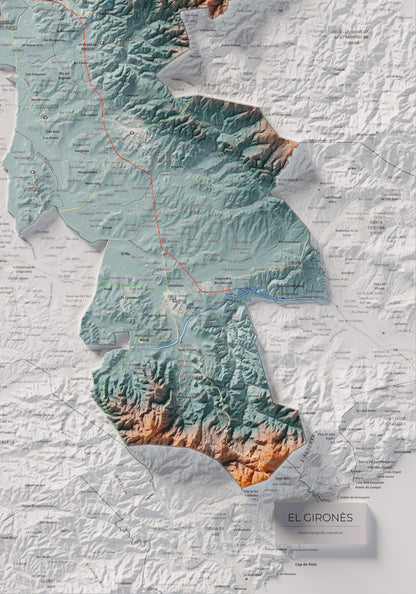 Mapa de relleu del Gironès, amb el territori en color i l’entorn en blanc. Detall de la part inferior dreta. 70 × 100 cm. Estil Blau i taronja.