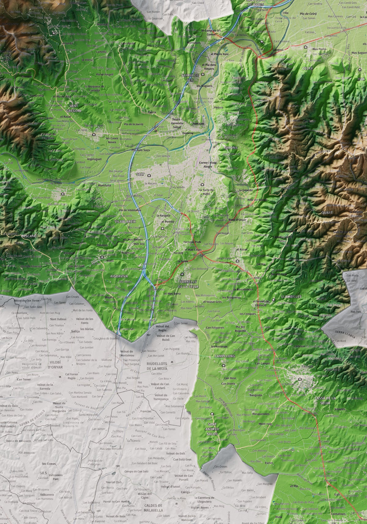 Mapa de relleu del Gironès, amb el territori en color i l’entorn en blanc. Detall de la part central. 70 × 100 cm. Estil Clàssic.