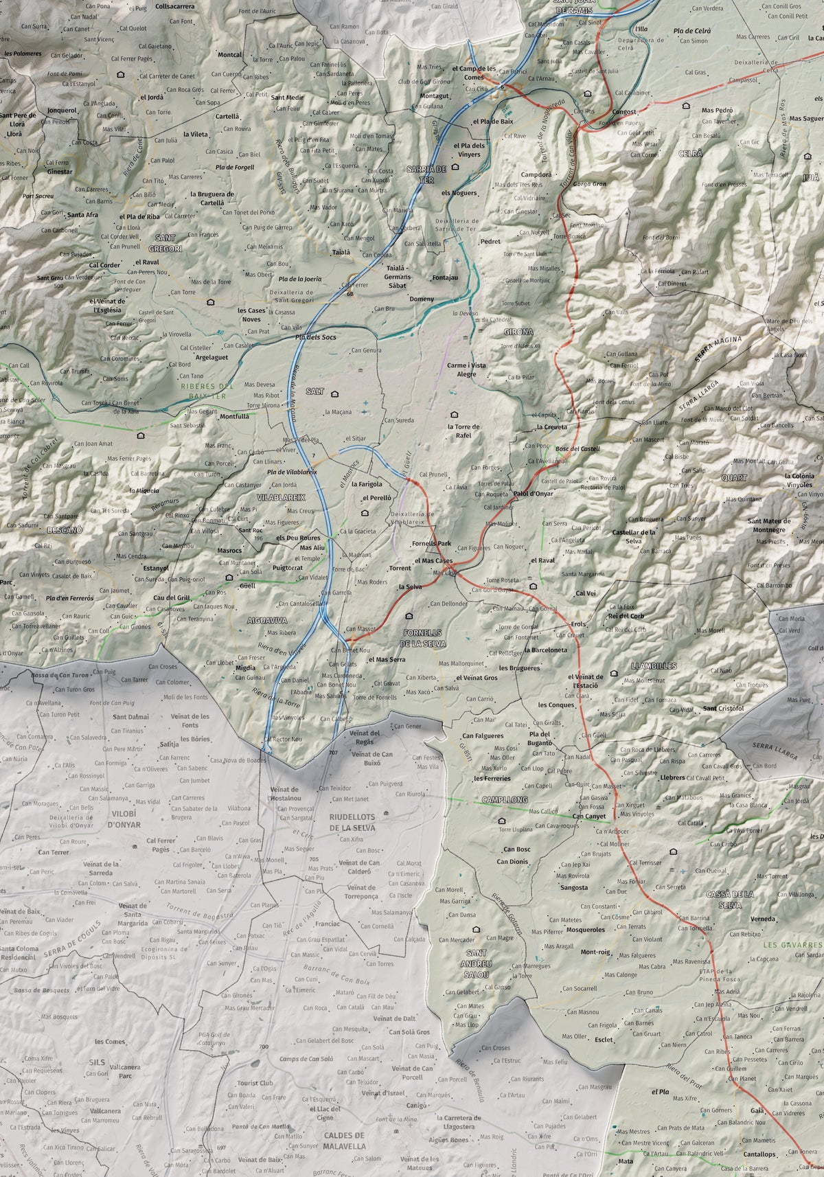 Mapa de relleu del Gironès, amb el territori en color i l’entorn en blanc. Detall de la part central. 70 × 100 cm. Estil Cartogràfic.