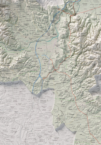 Mapa de relleu del Gironès, amb el territori en color i l’entorn en blanc. Detall de la part central. 70 × 100 cm. Estil Cartogràfic.