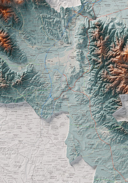 Mapa de relleu del Gironès, amb el territori en color i l’entorn en blanc. Detall de la part central. 70 × 100 cm. Estil Blau i taronja.