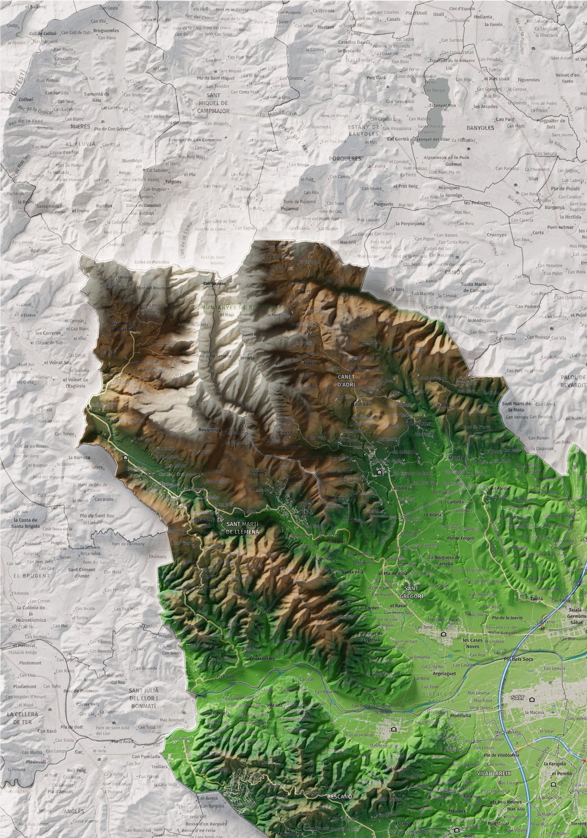 Mapa de relleu del Gironès, amb el territori en color i l’entorn en blanc. Detall de la part superior esquerra. 70 × 100 cm. Estil Clàssic.