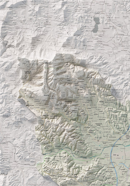 Mapa de relleu del Gironès, amb el territori en color i l’entorn en blanc. Detall de la part superior esquerra. 70 × 100 cm. Estil Cartogràfic.
