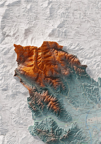 Mapa de relleu del Gironès, amb el territori en color i l’entorn en blanc. Detall de la part superior esquerra. 70 × 100 cm. Estil Blau i taronja.