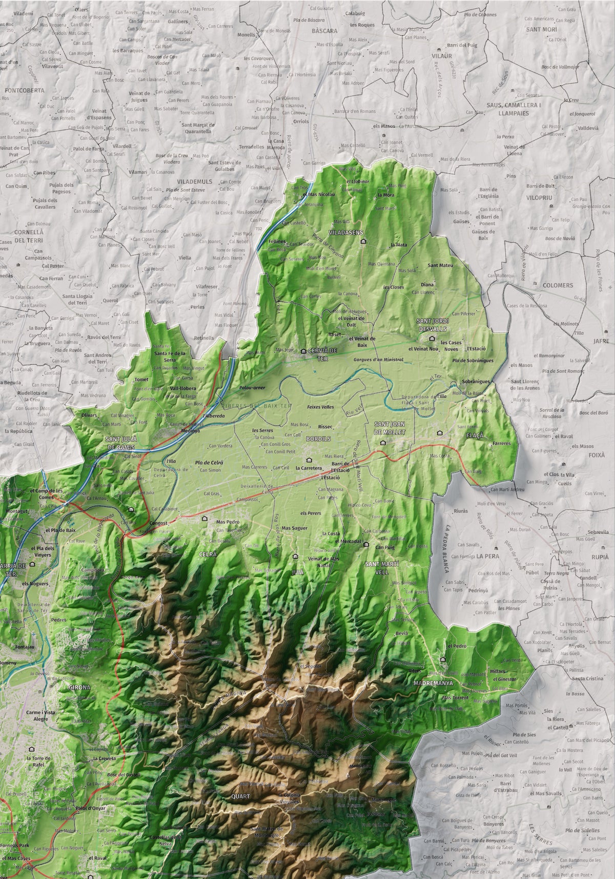 Mapa de relleu del Gironès, amb el territori en color i l’entorn en blanc. Detall de la part superior dreta. 70 × 100 cm. Estil Clàssic.
