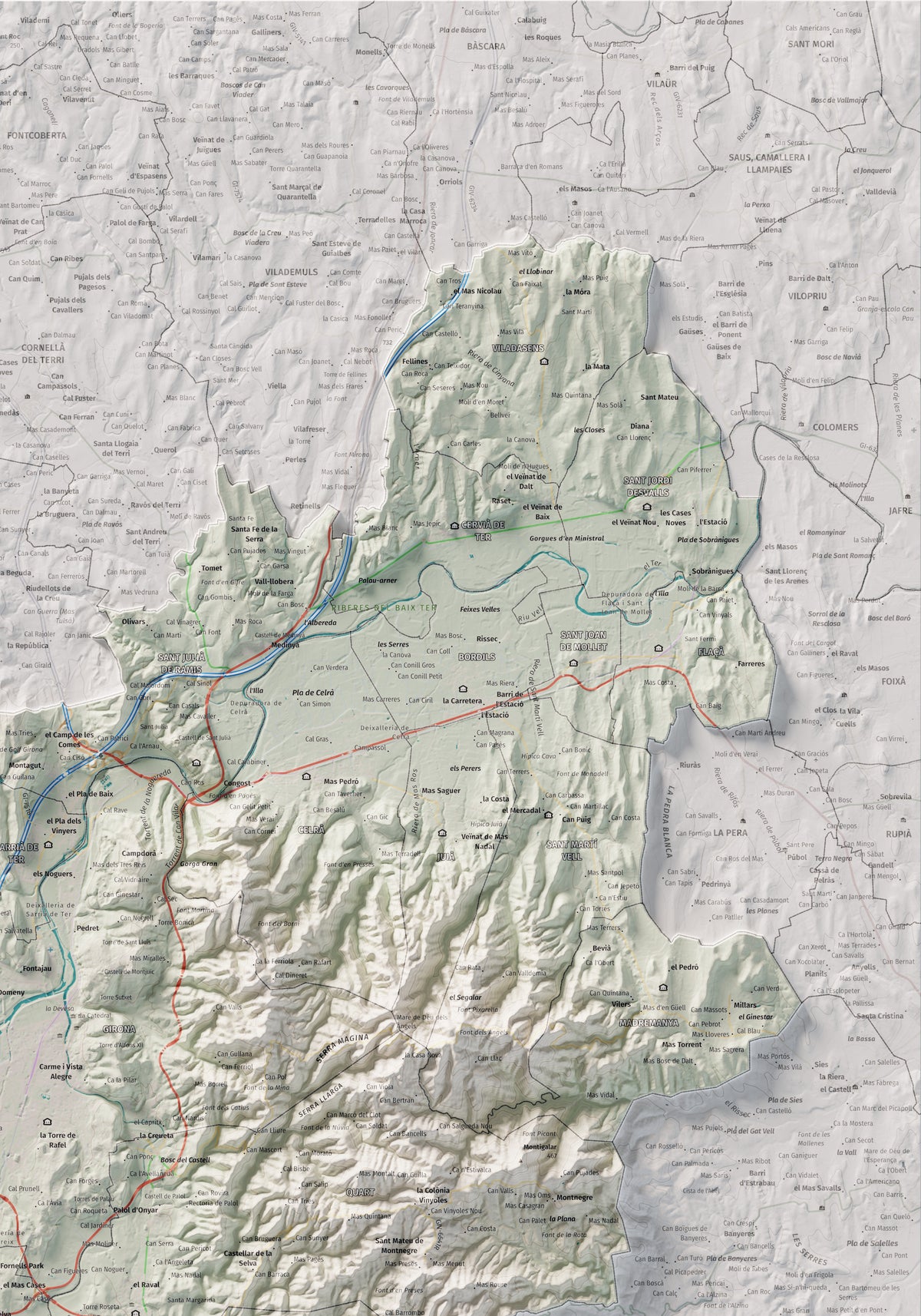 Mapa de relleu del Gironès, amb el territori en color i l’entorn en blanc. Detall de la part superior dreta. 70 × 100 cm. Estil Cartogràfic.