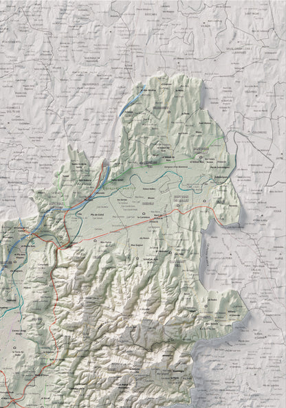 Mapa de relleu del Gironès, amb el territori en color i l’entorn en blanc. Detall de la part superior dreta. 70 × 100 cm. Estil Cartogràfic.