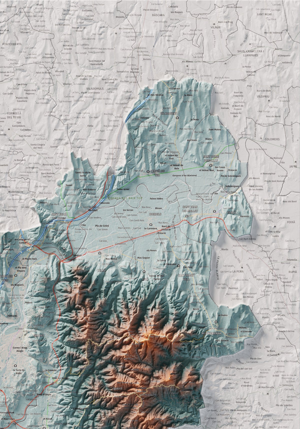 Mapa de relleu del Gironès, amb el territori en color i l’entorn en blanc. Detall de la part superior dreta. 70 × 100 cm. Estil Blau i taronja.