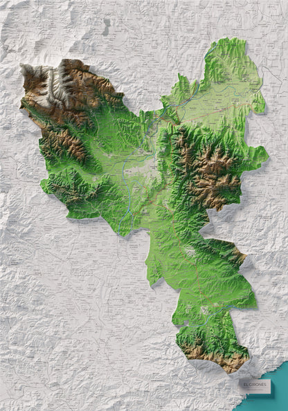 Mapa de relleu del Gironès, amb el territori en color i l’entorn en blanc. Vista completa de la làmina. 70 × 100 cm. Estil Clàssic.