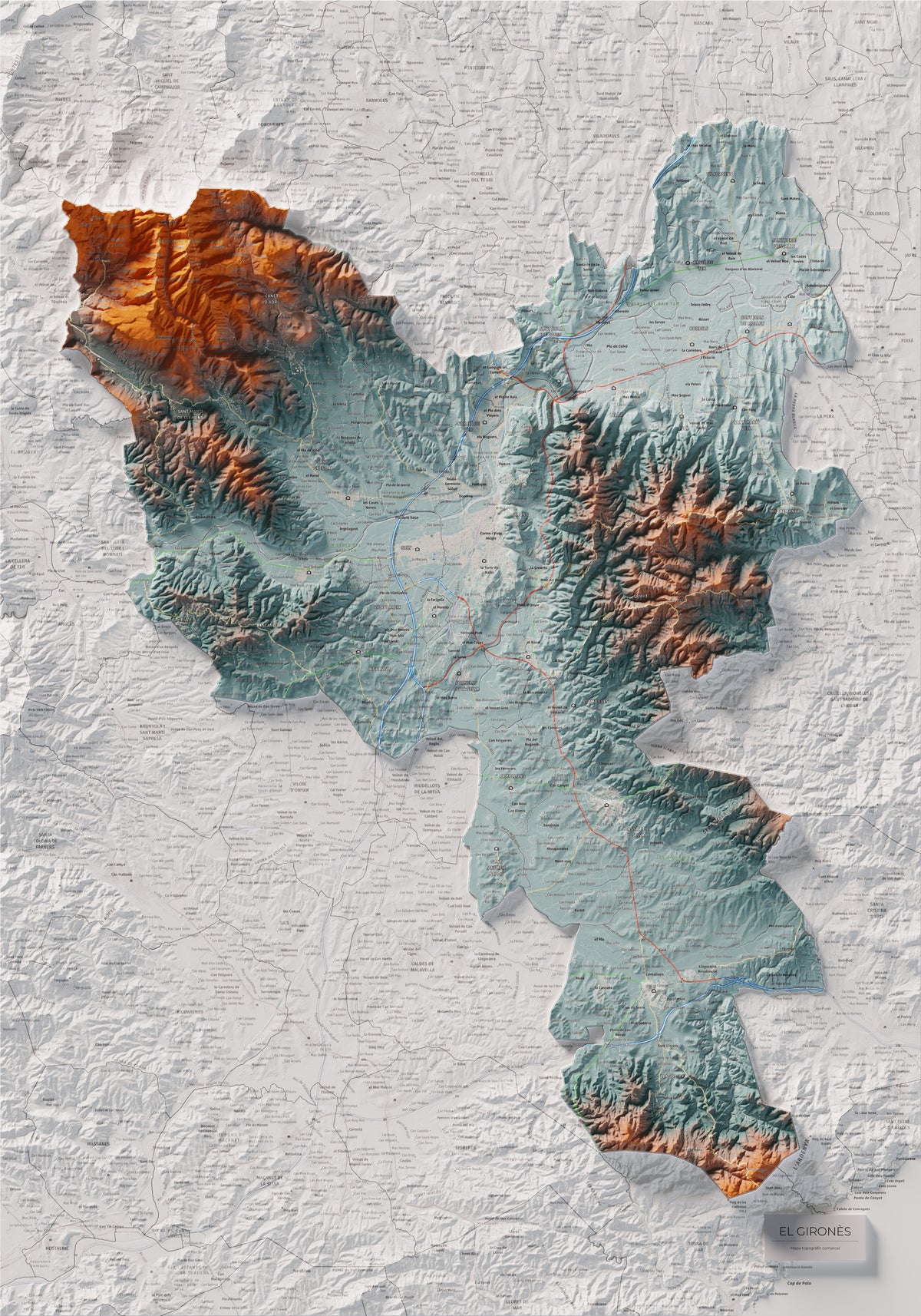 Mapa de relleu del Gironès, amb el territori en color i l’entorn en blanc. Vista completa de la làmina. 70 × 100 cm. Estil Blau i taronja.