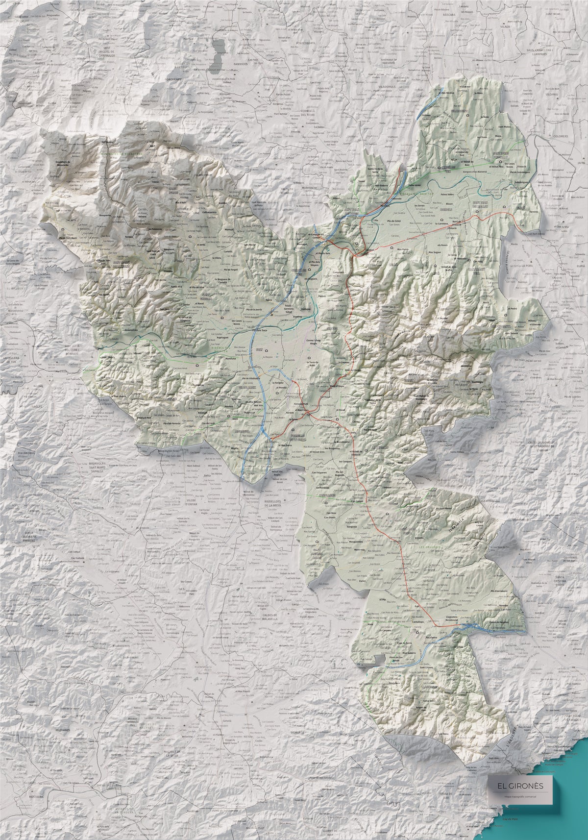 Mapa de relleu del Gironès, amb el territori en color i l’entorn en blanc. Vista completa de la làmina. 70 × 100 cm. Estil Cartogràfic.