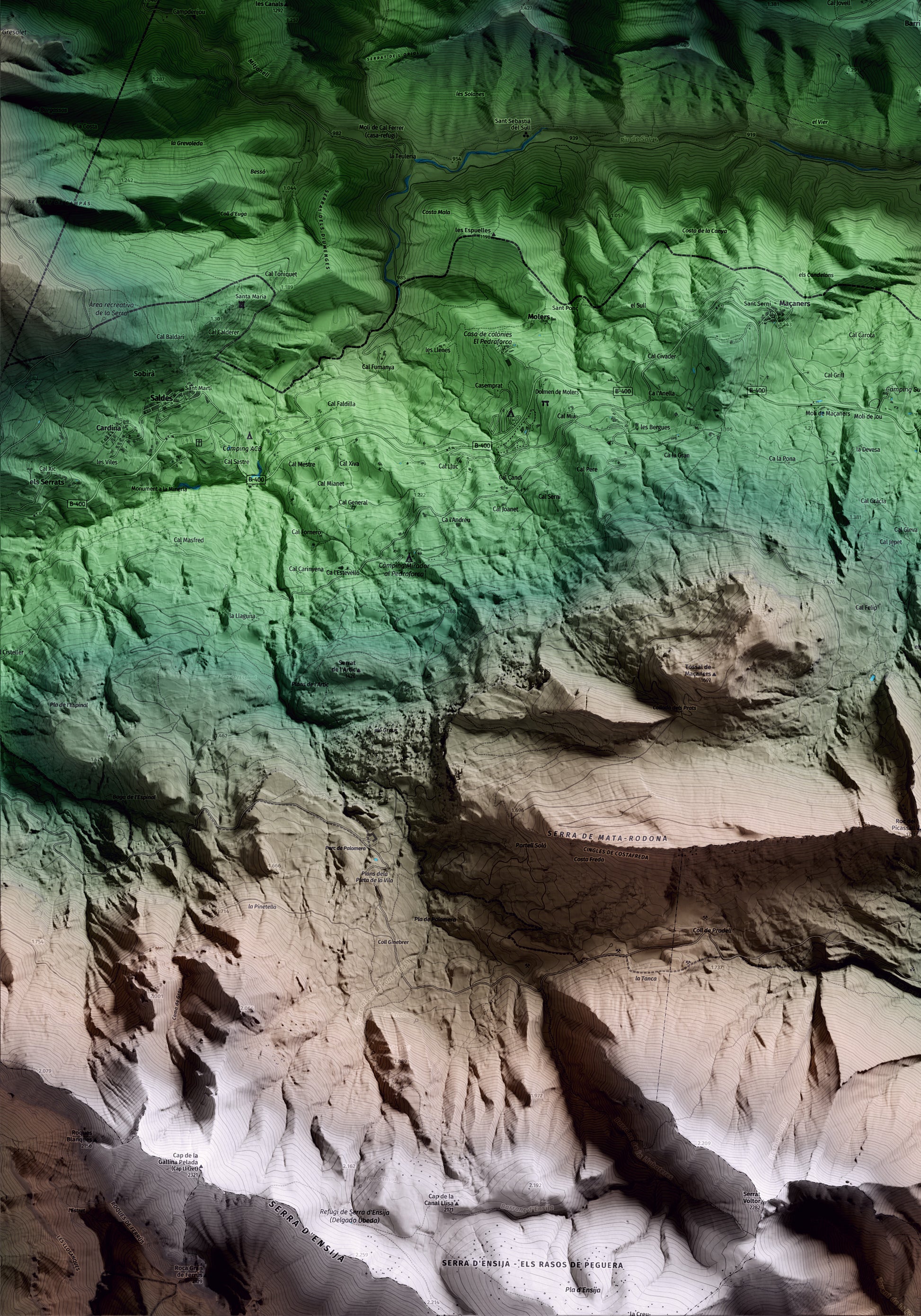 Mapa artístico del relieve de Gisclareny, al Berguedà, con 15 km de entorno y base topográfica ICGC. Detalle de la zona inferior izquierda.