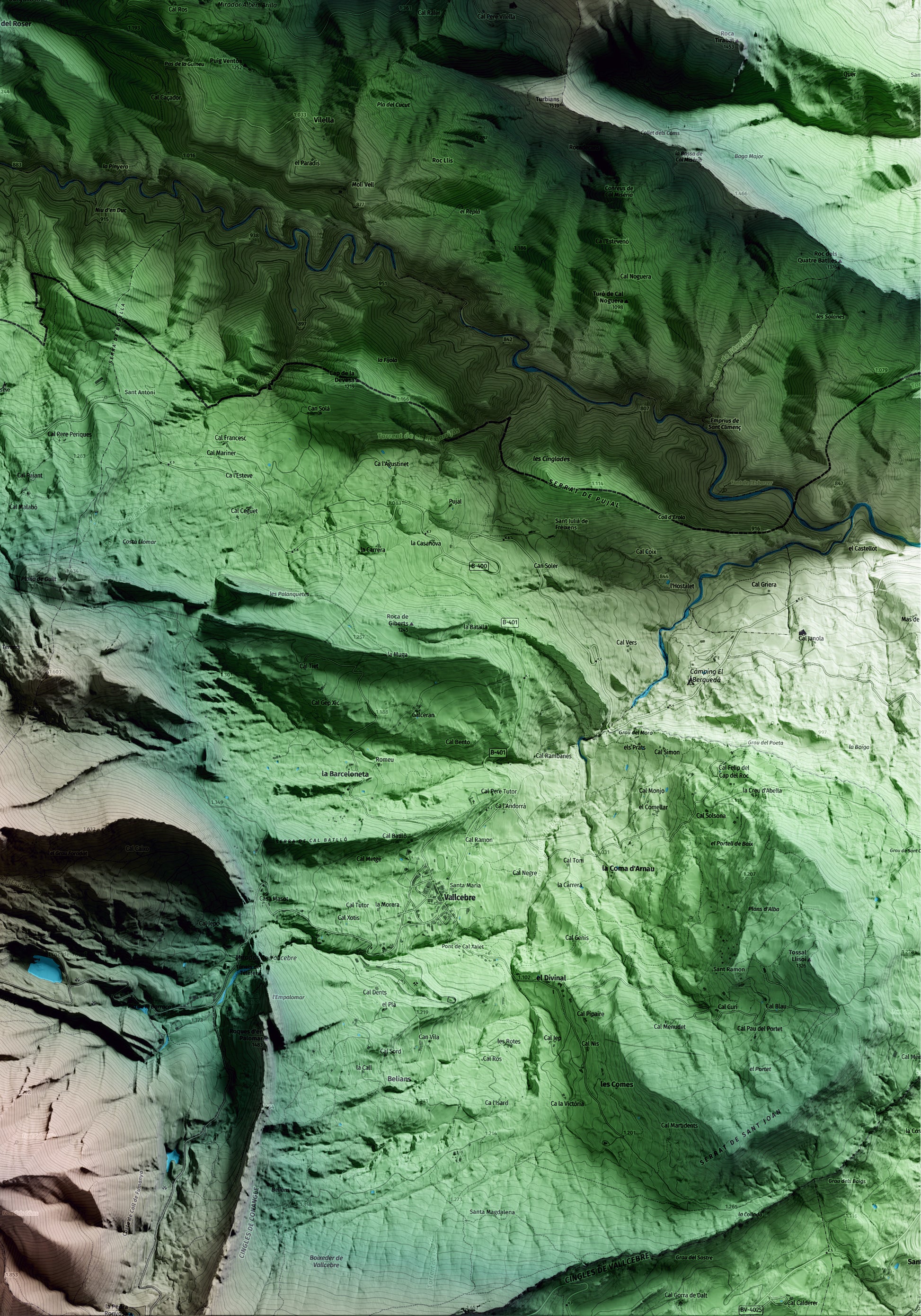 Mapa artístico del relieve de Gisclareny, al Berguedà, con 15 km de entorno y base topográfica ICGC. Detalle de la zona inferior derecha.