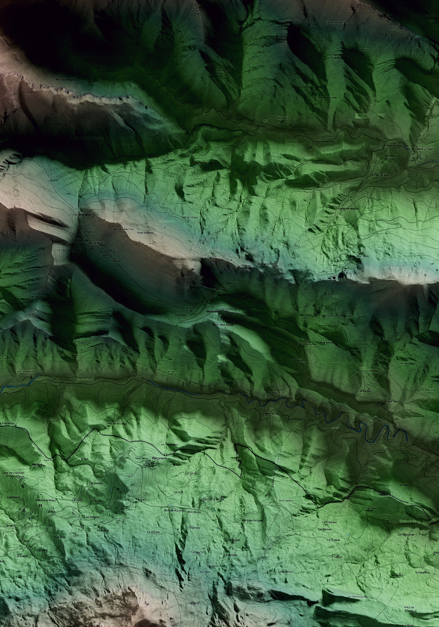 Mapa artístico del relieve de Gisclareny, al Berguedà, con 15 km de entorno y base topográfica ICGC. Detalle de la zona central.