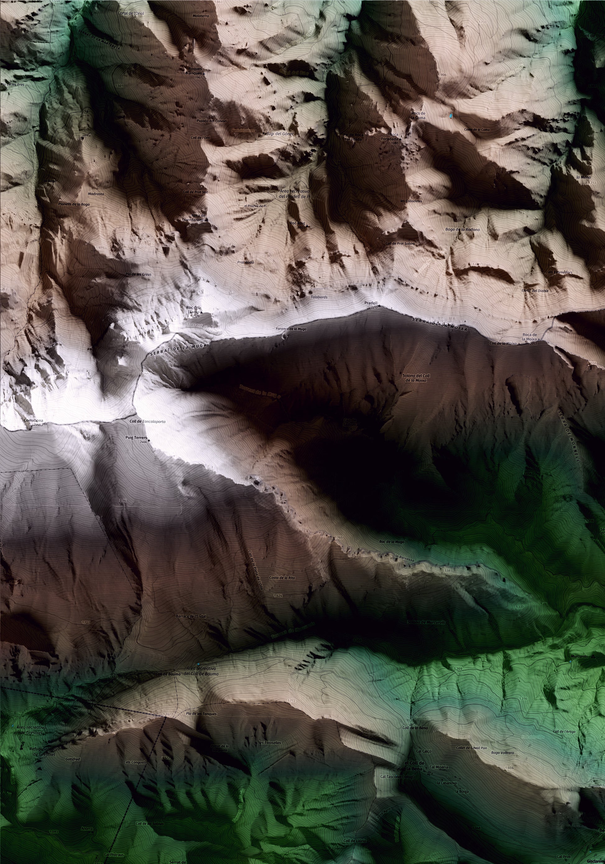 Mapa artístico del relieve de Gisclareny, al Berguedà, con 15 km de entorno y base topográfica ICGC. Detalle de la zona superior izquierda.