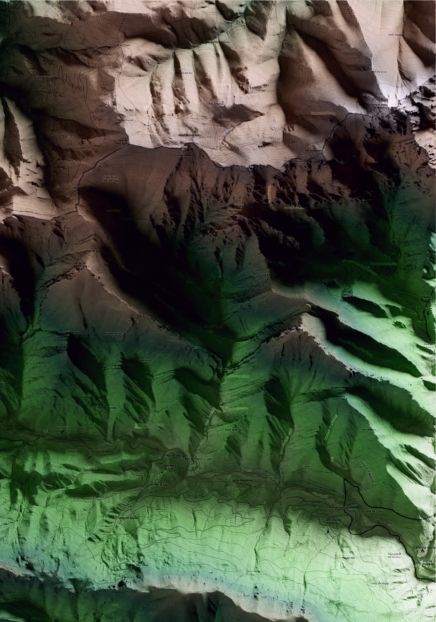 Mapa artístico del relieve de Gisclareny, al Berguedà, con 15 km de entorno y base topográfica ICGC. Detalle de la zona superior derecha.