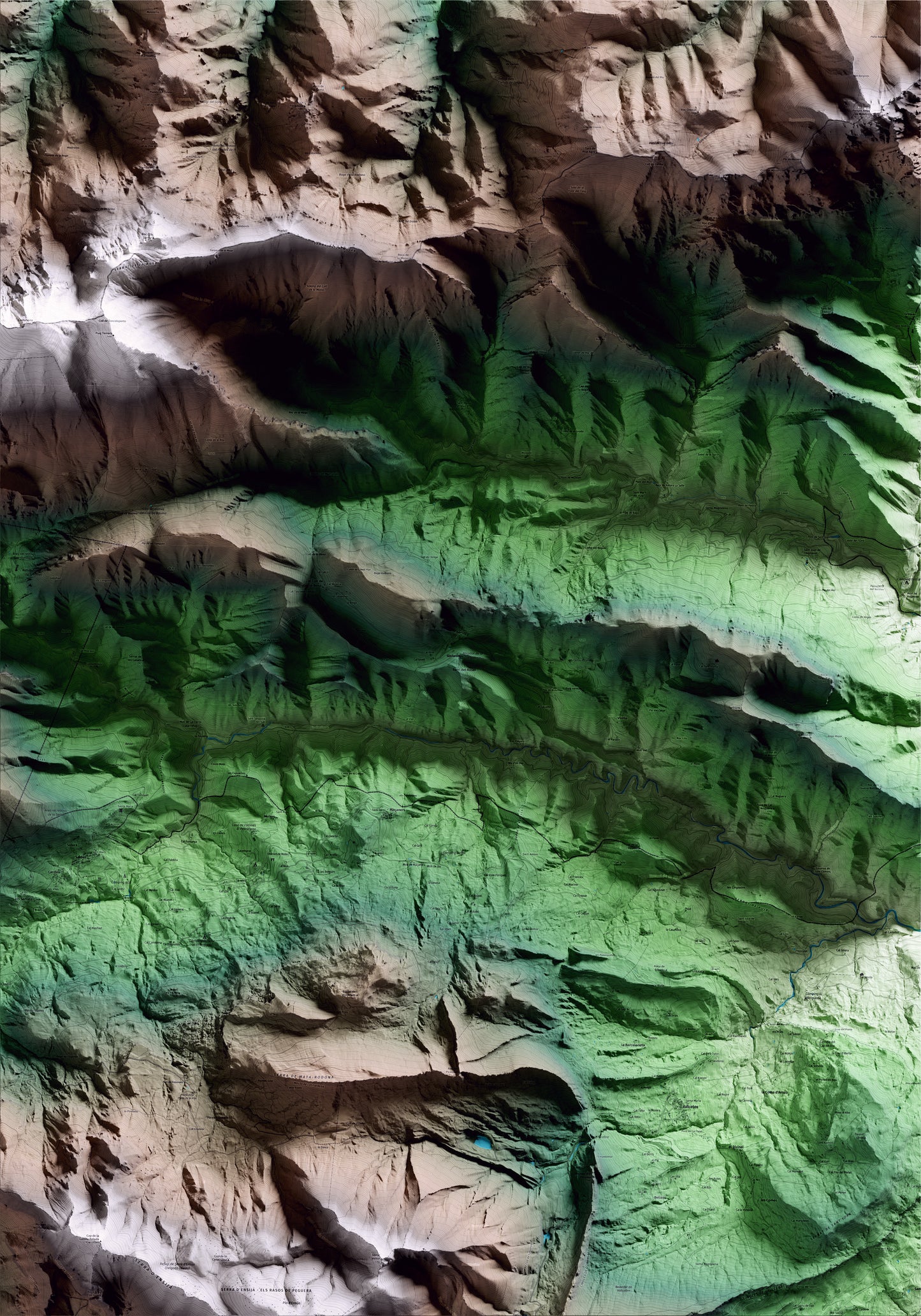 Mapa artístico del relieve de Gisclareny, al Berguedà, con 15 km de entorno y base topográfica ICGC