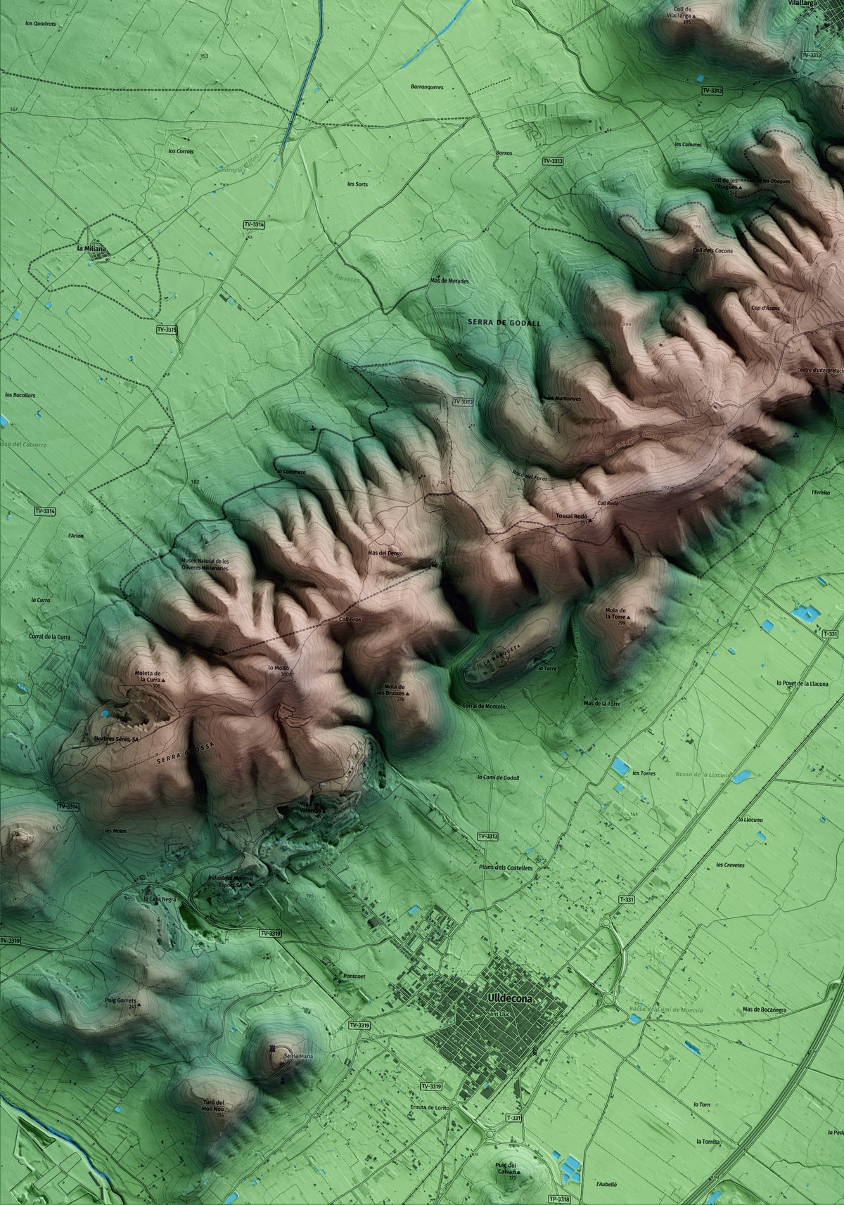 Mapa artístico del relieve de Godall, al Montsià, con 15 km de entorno y base topográfica ICGC. Detalle de la zona inferior izquierda.