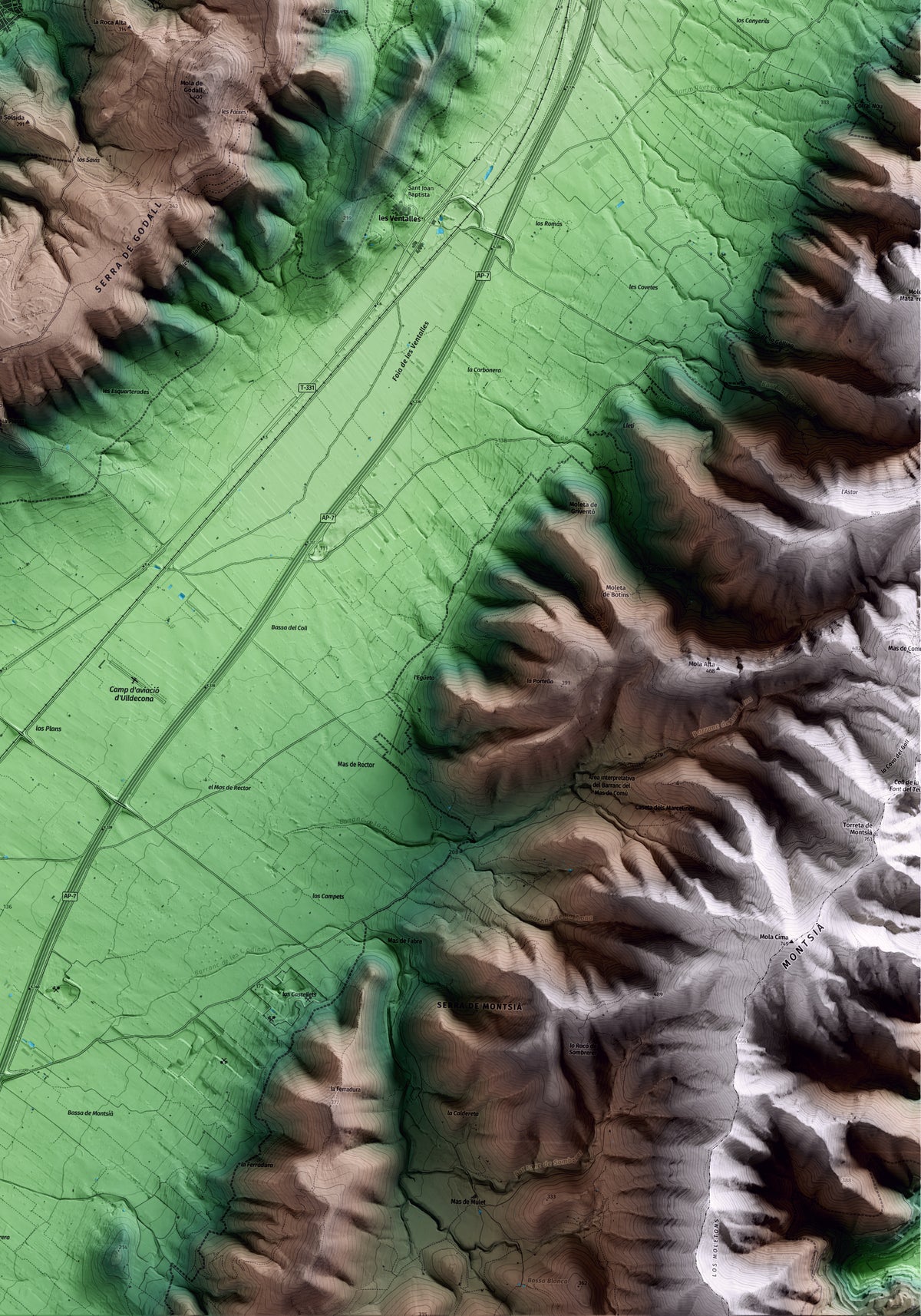 Mapa artístico del relieve de Godall, al Montsià, con 15 km de entorno y base topográfica ICGC. Detalle de la zona inferior derecha.