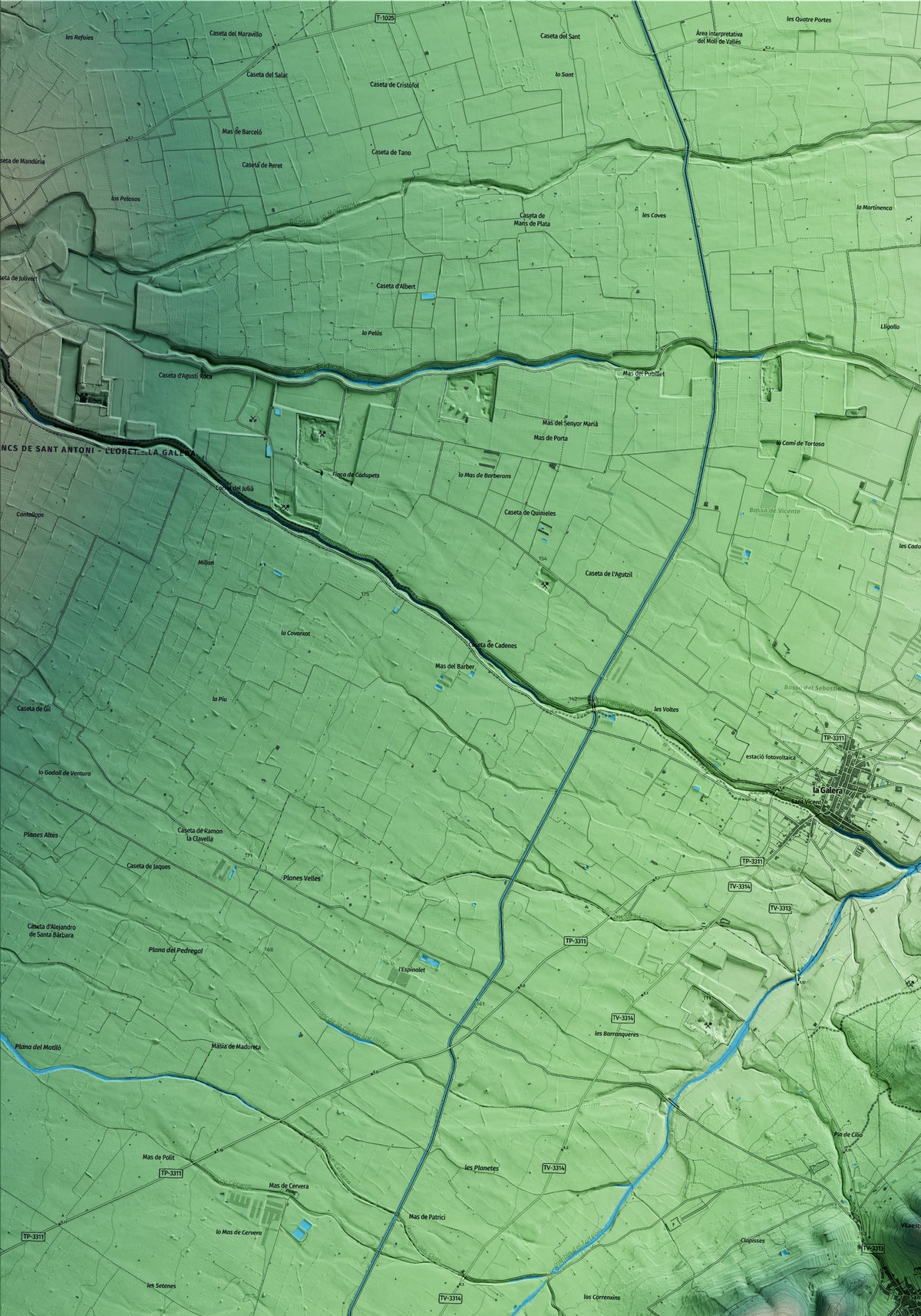 Mapa artístico del relieve de Godall, al Montsià, con 15 km de entorno y base topográfica ICGC. Detalle de la zona superior izquierda.